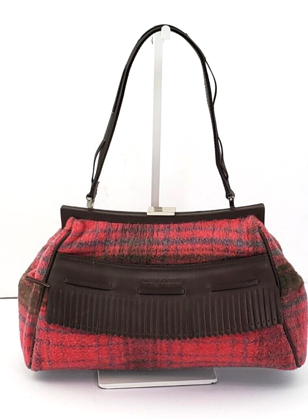COLE HAAN Pink Plaid Wool/Brown Leather Fringe Clutch Shoulder bag/Baguette Used